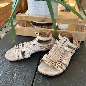 BED|STU White Nectar Distressed Leather Woven Sandals 9